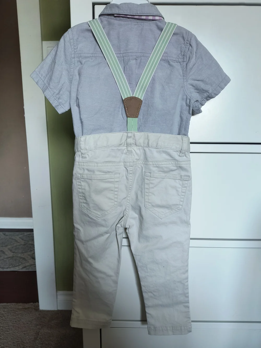 Cat & Jack Mint Stripe Suspenders with Purple Plaid Bow Tie